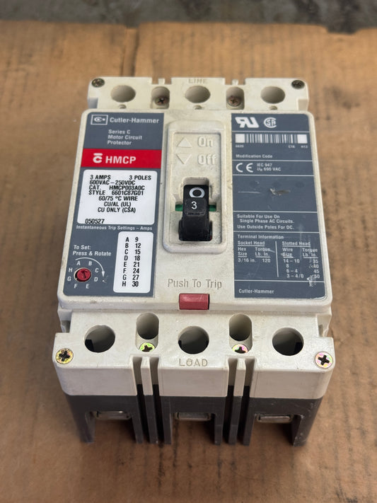 Cutler-Hammer HMCP003A0C Motor Circuit Protector 600 VAC / 250 VDC Untested Surplus 1758