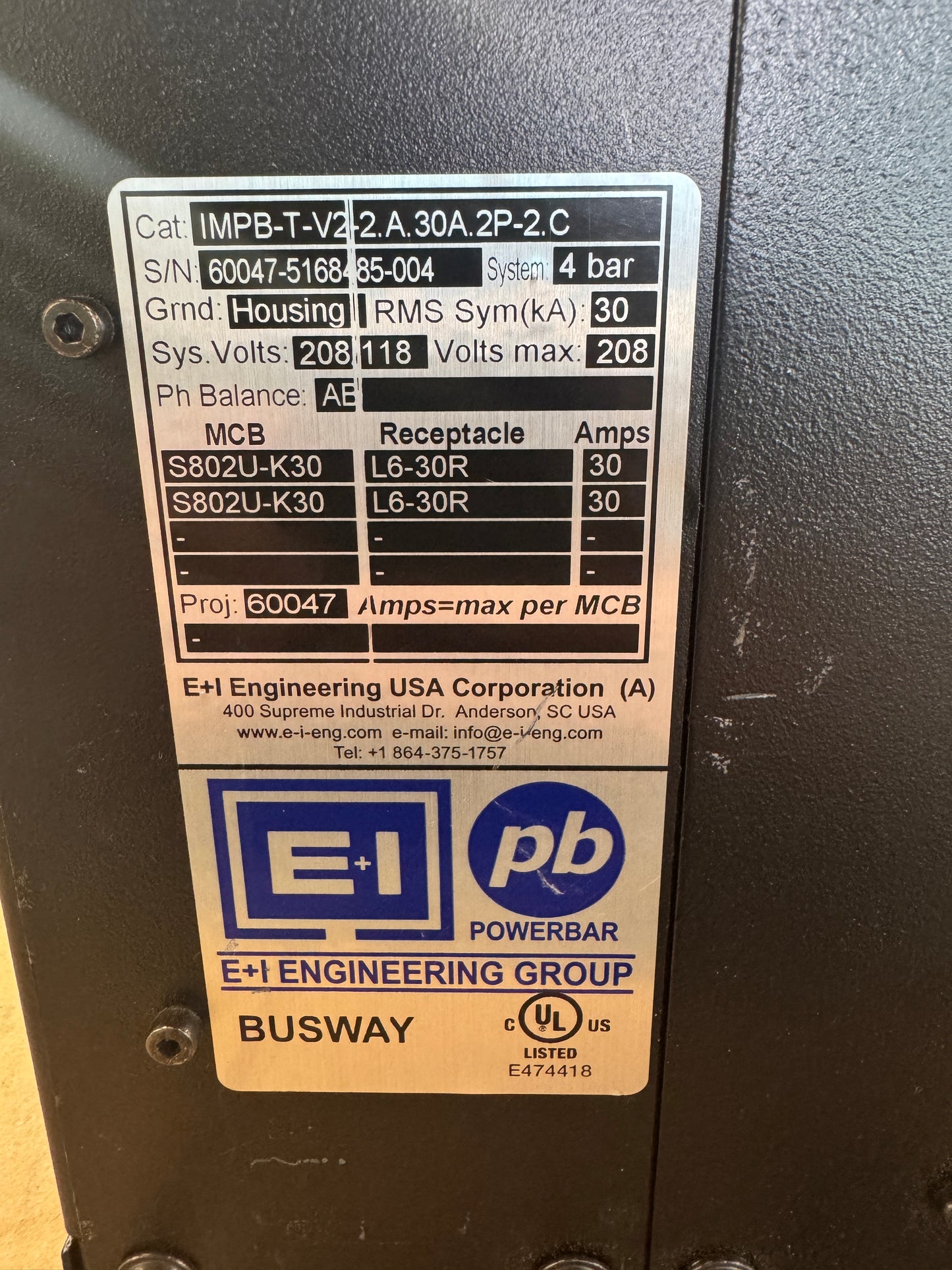 E+I Engineering IMPB-T-V2-2.A.30A.2P-2.C Busway Tap Off Unit 208/120V Untested Surplus 01750