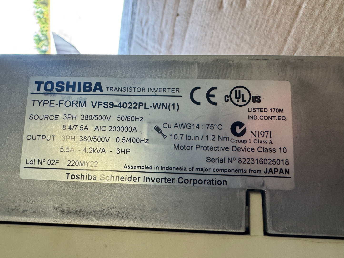 Toshiba VFD Transistor Inverter VFS9-4022PL-WN(1) - 3 HP Variable RPM