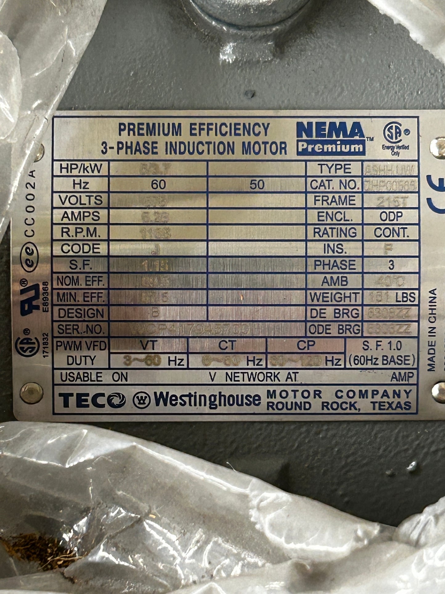 TECO Westinghouse 3-Phase Induction Motor DHP00565 - 5 HP 1200 RPM