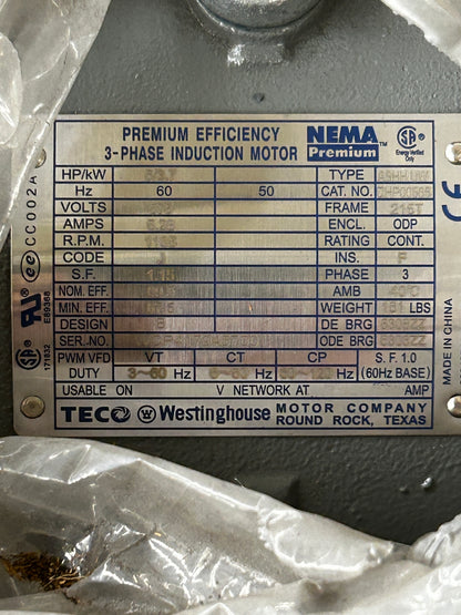 TECO Westinghouse 3-Phase Induction Motor DHP00565 - 5 HP 1200 RPM