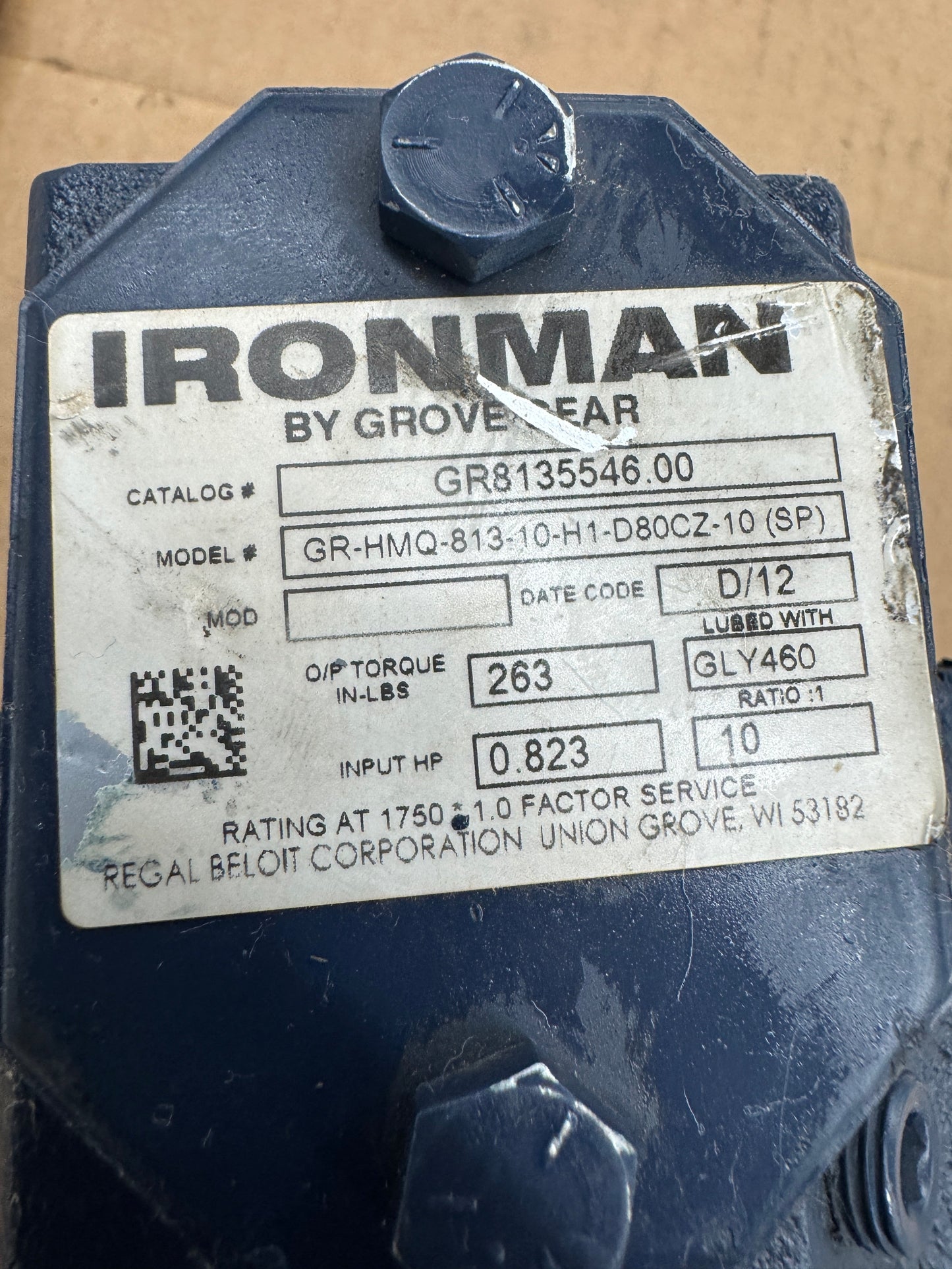 Grove Gear Worm Gear Reducer GR-HMQ-813-10-H1-D80CZ-10
