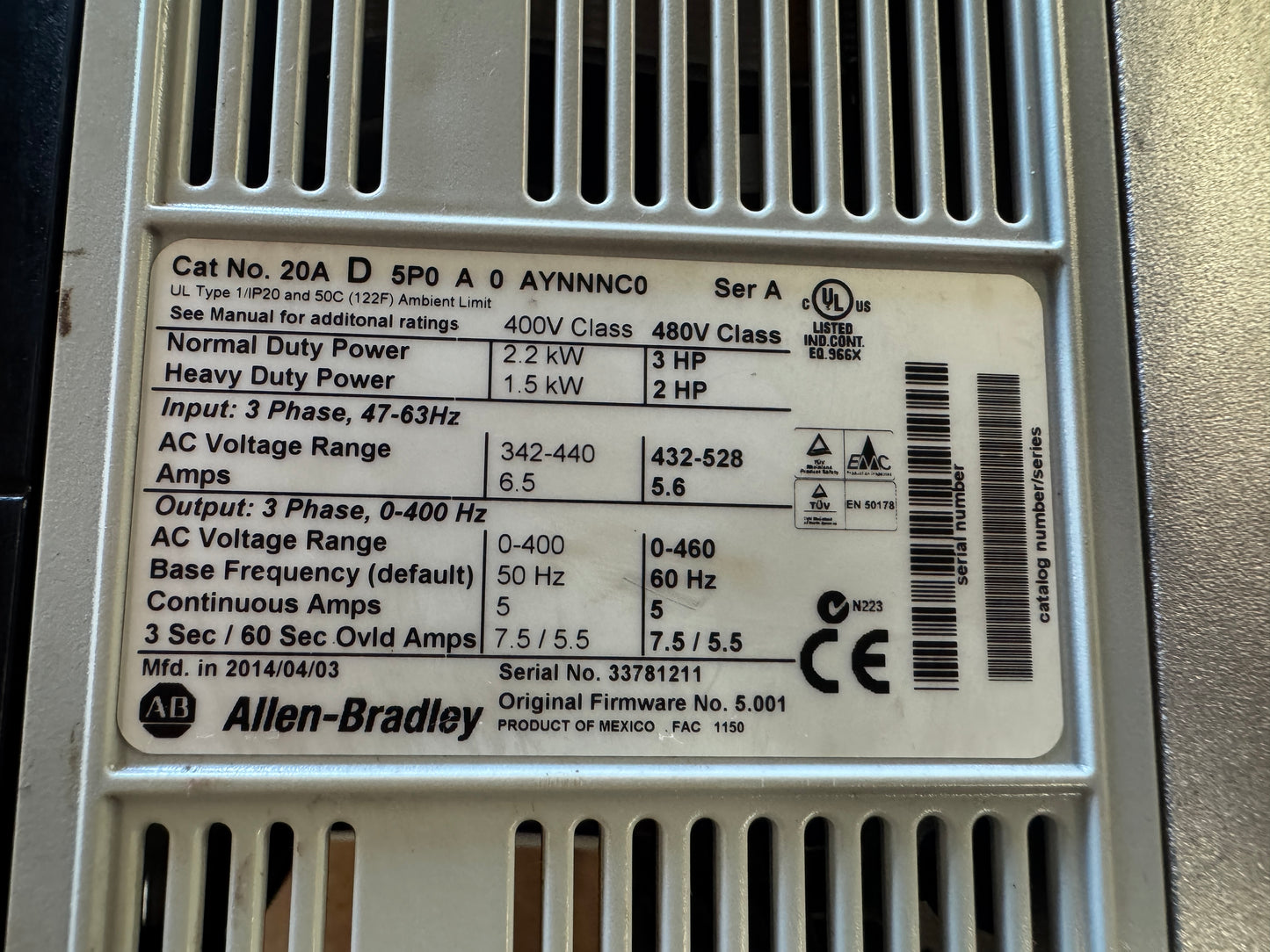 Allen-Bradley 20AD5P0A0AYNNNC0 Variable Frequency Drive 480V AC 3-Phase Untested Surplus 01428