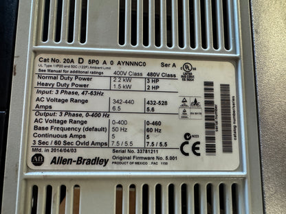 Allen-Bradley 20AD5P0A0AYNNNC0 Variable Frequency Drive 480V AC 3-Phase Untested Surplus 01428