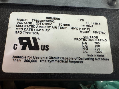 Siemens TPS3C0620X02 Surge Protective Device 208Y/120V Open Box Unused