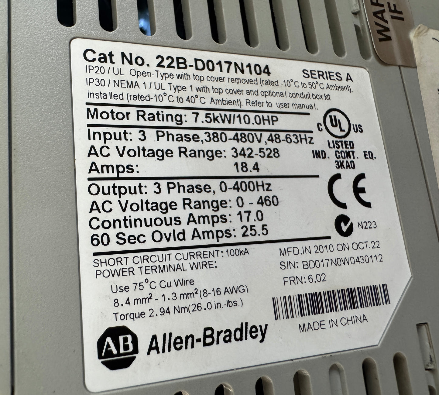 Allen-Bradley AC Drive VFD 22B-D017N104 - 10 HP Variable RPM