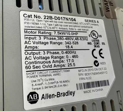 Allen-Bradley AC Drive VFD 22B-D017N104 - 10 HP Variable RPM