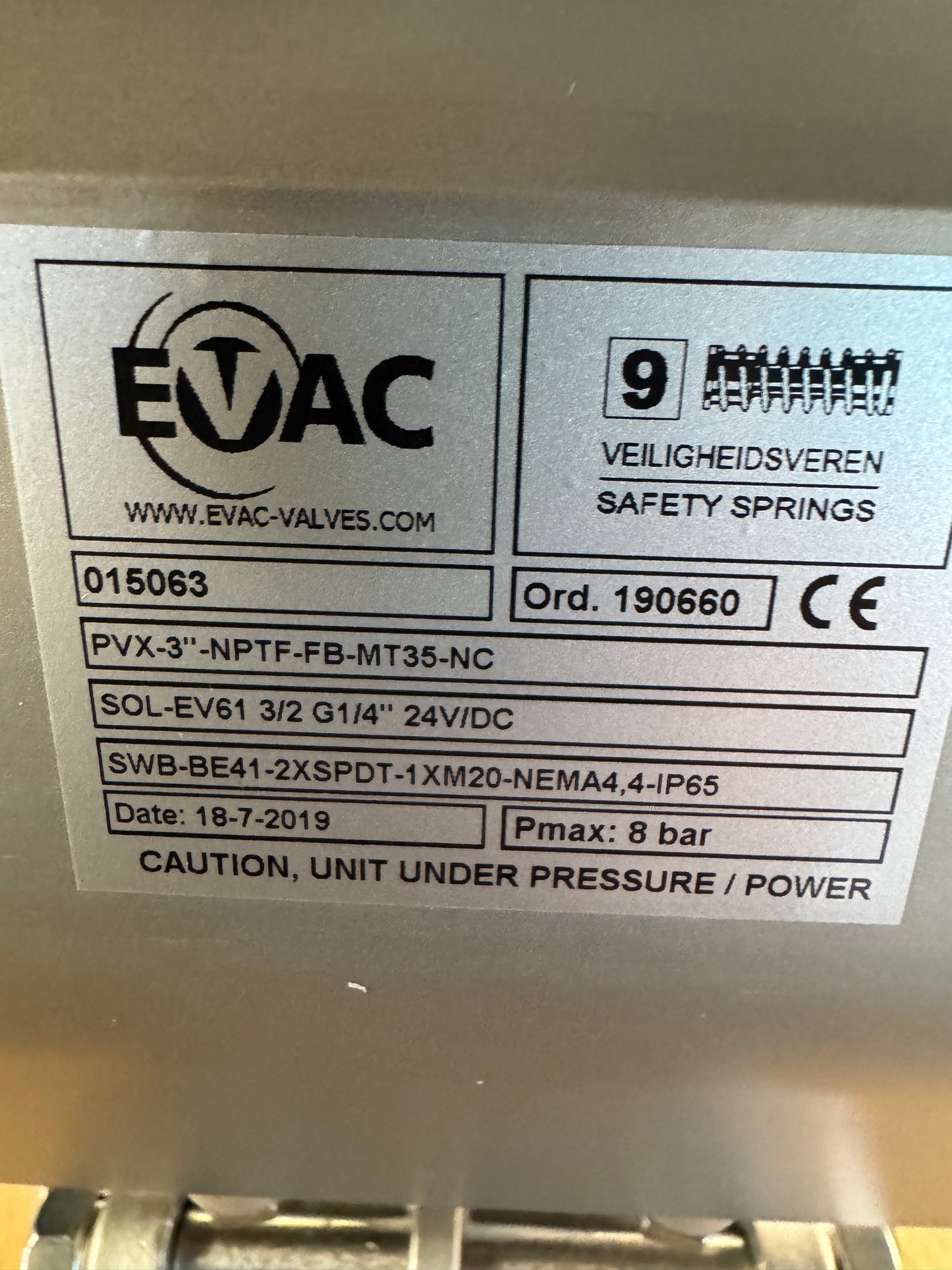 EVAC Pneumatic Actuated Ball Valve PVX-3"-NPTF-FB-MT35-NC 3 In. DN80 NPTF PN63