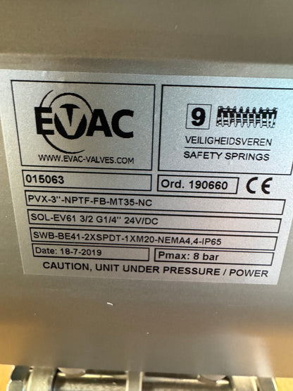 EVAC Pneumatic Actuated Ball Valve PVX-3"-NPTF-FB-MT35-NC 3 In. DN80 NPTF PN63