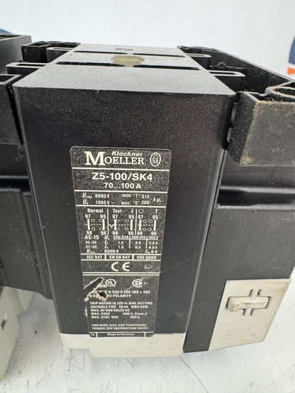Klöckner Moeller Z5-100/SK4 Motor Starter Assembly with DIL 4 AM Contactor and 11 SI DIL M Auxiliary Contact Block