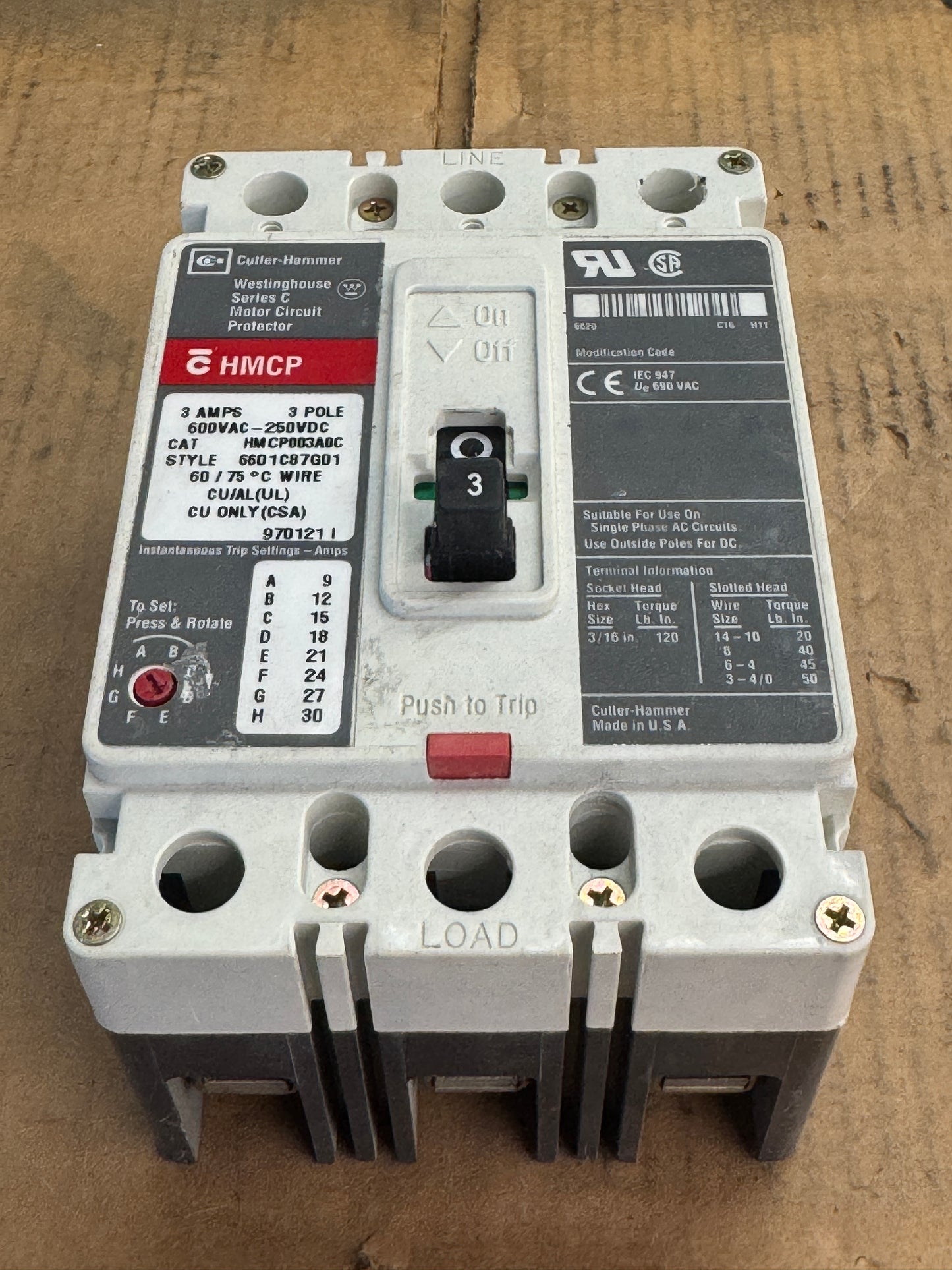 Cutler-Hammer HMCP003A0C Motor Circuit Protector 600 VAC / 250 VDC Open Box - Unused 1762