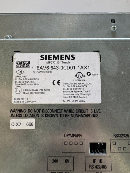 Siemens HMI Touch Panel 6AV6643-0CD01-1AX1 24 VDC