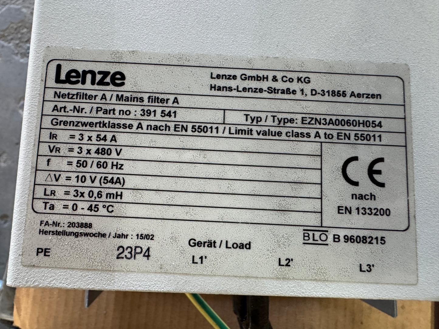 Lenze EZN3A0060H054 Mains Filter 3 x 480V Untested Surplus