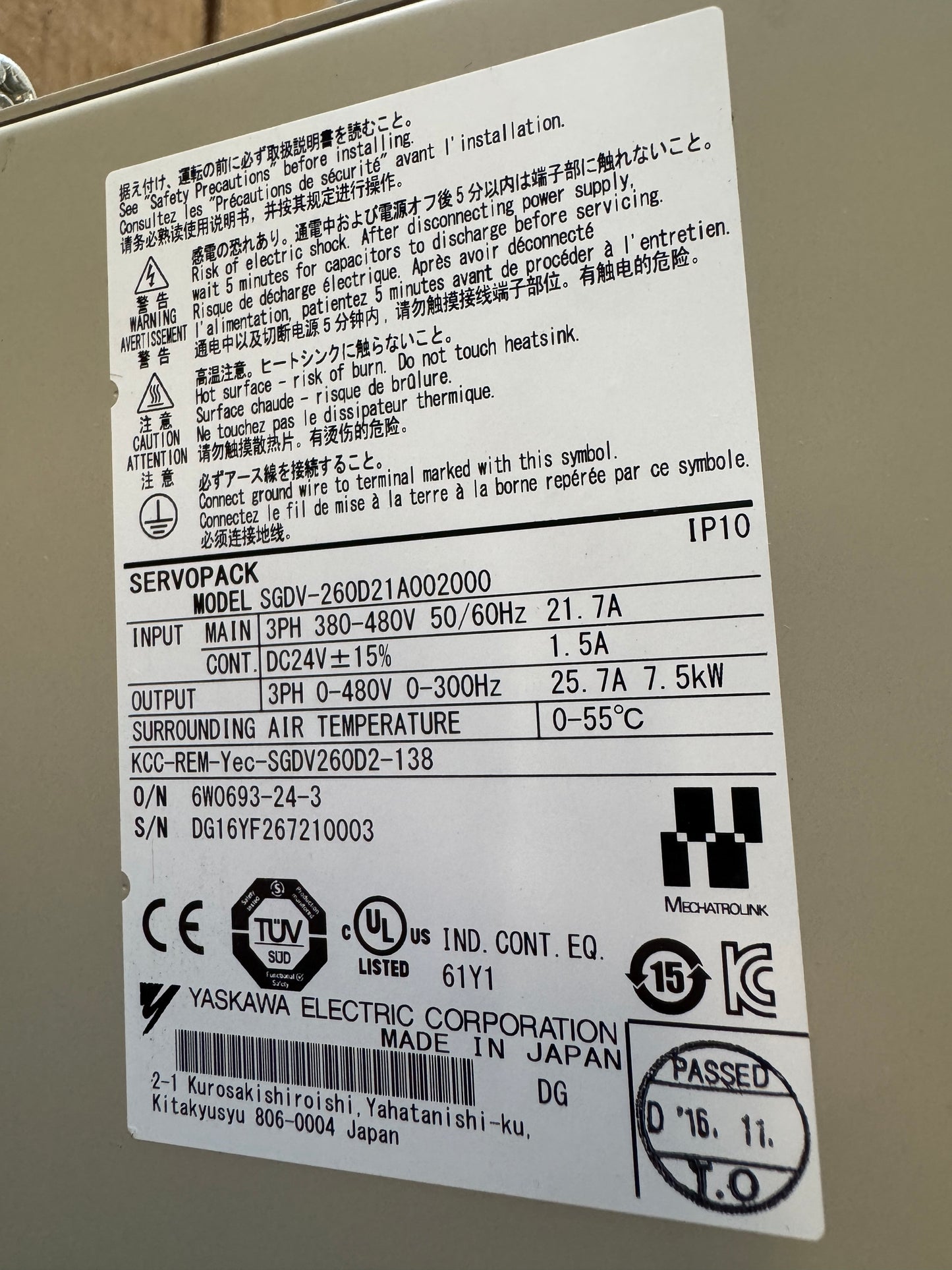 Yaskawa SGDV-260D21A002000 Servo Drive 400V Untested Surplus