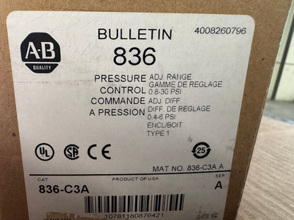 Allen-Bradley Pressure Control Switch 836-C3A 1/4 In. NPTF Female 0.8 To 30 PSI