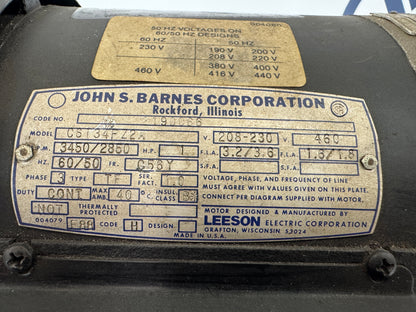 John S. Barnes Corporation (Leeson Electric Corporation) AC Motor C6134FZ2A - 1 HP 3450 RPM
