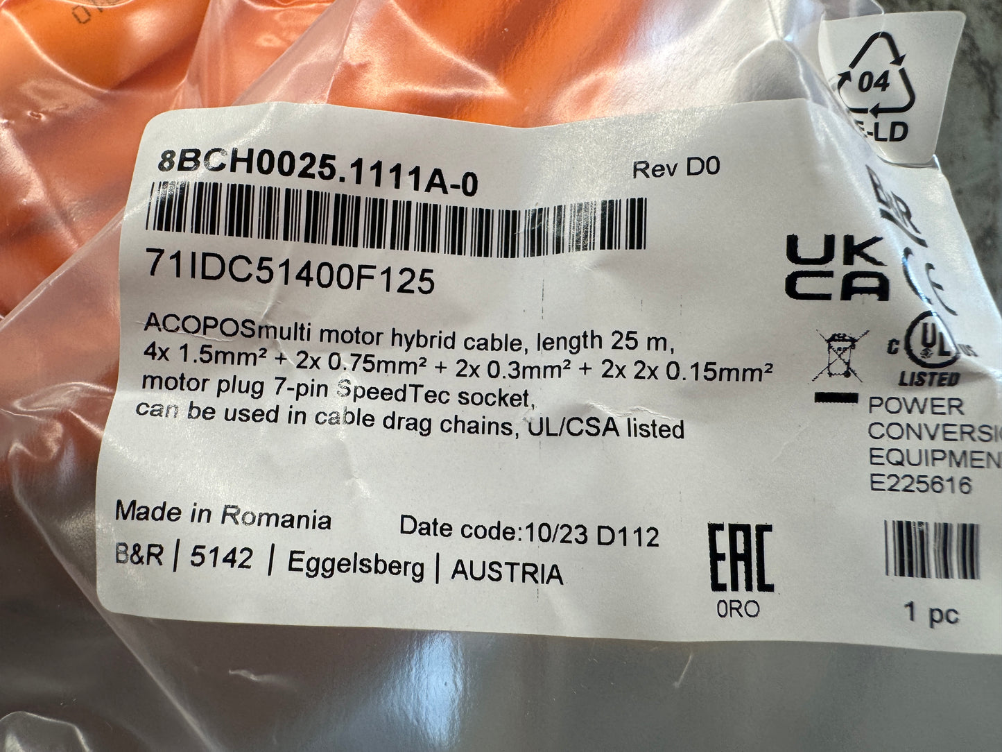 B&R Automation 8BCH0025.1111A-0 Hybrid Motor Cable 1000V Open Box Unused