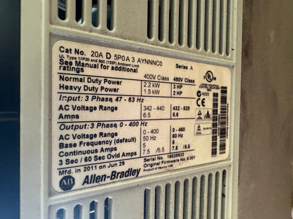 Allen-Bradley 20AD5P0A3AYNNNC0 Variable Frequency Drive 480V AC 3-Phase Untested Surplus 01422