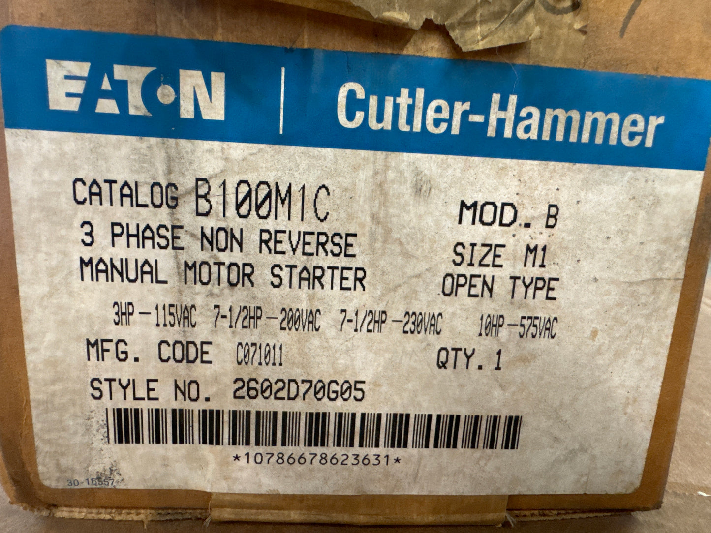 Eaton Cutler-Hammer Manual Motor Starter B100M1C 600VAC