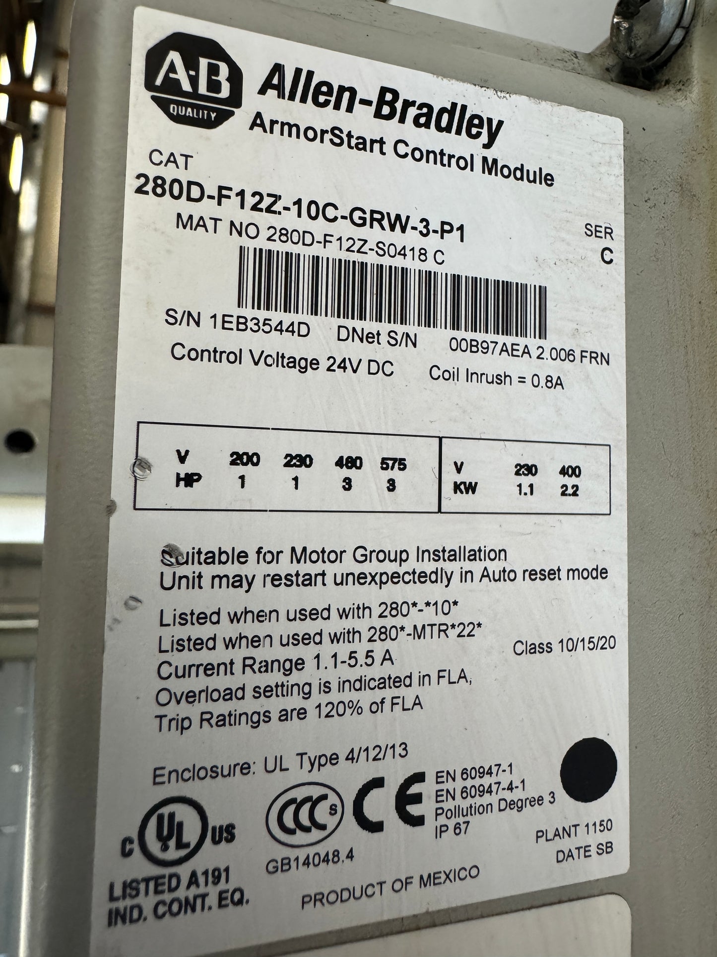 Allen-Bradley ArmorStart Control Module 280D-F12Z-10C-GRW-3-P1
