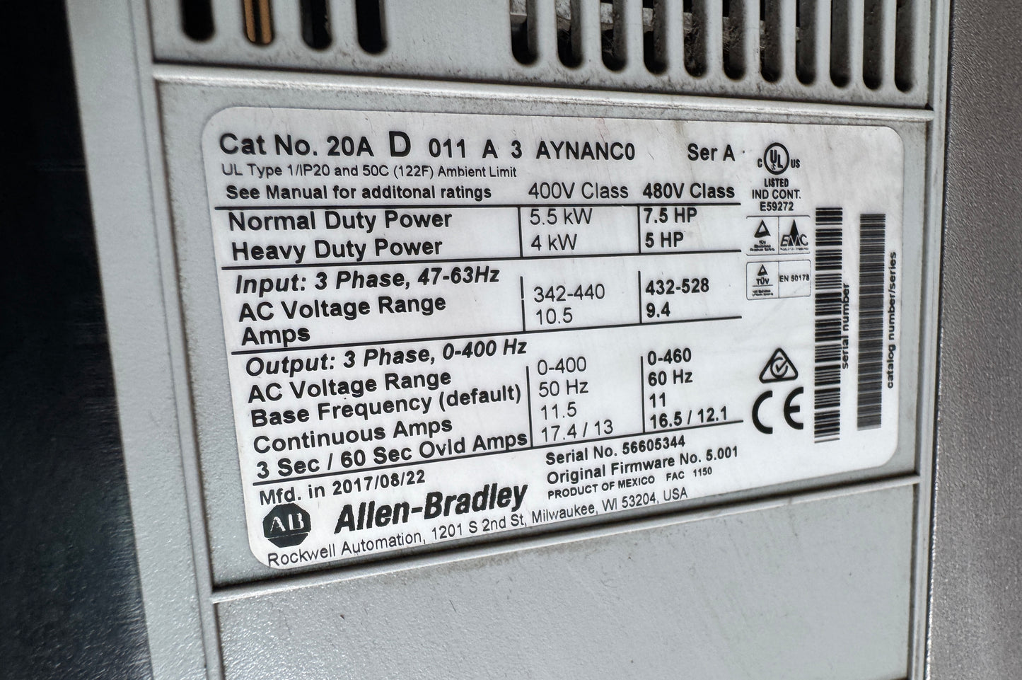 Allen-Bradley 20AD011A3AYNANC0 Variable Frequency Drive 480V AC 3-Phase Untested Surplus 01424