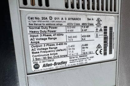 Allen-Bradley 20AD011A3AYNANC0 Variable Frequency Drive 480V AC 3-Phase Untested Surplus 01424