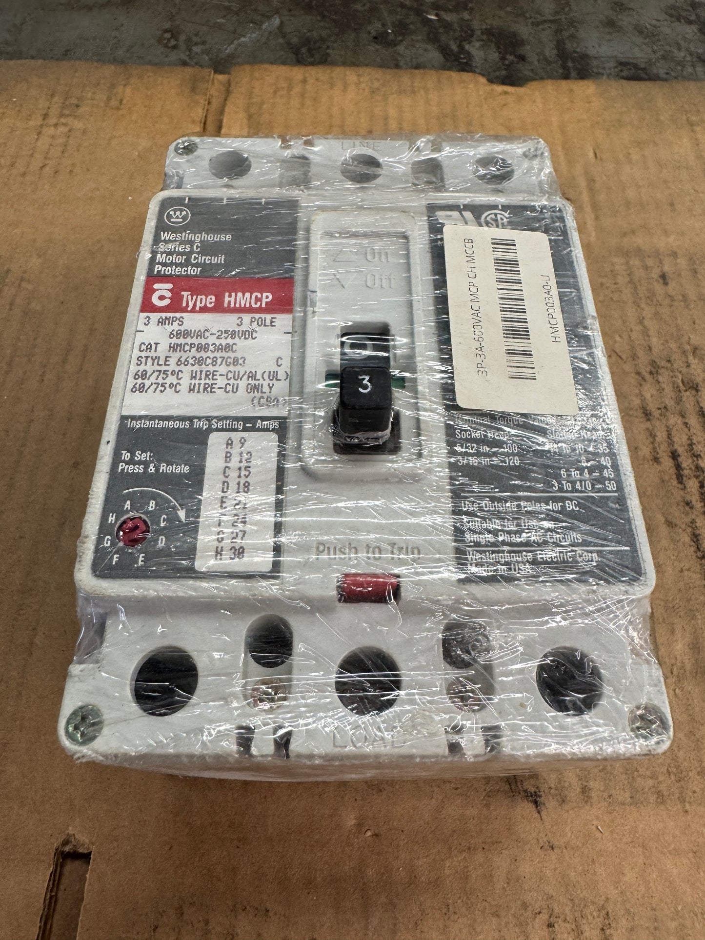 Westinghouse HMCP003A0C Motor Circuit Protector 600 VAC / 250 VDC Appears Unused 1764