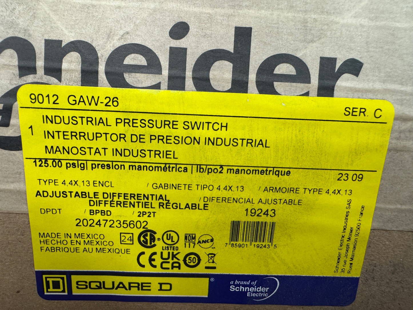 Square D Industrial Pressure Switch 9012 GAW-26 600 VAC