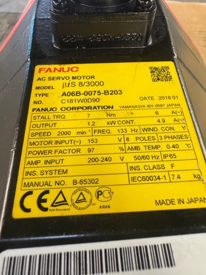 FANUC AC Servo Motor A06B-0075-B203 - 1 kW 2000 RPM