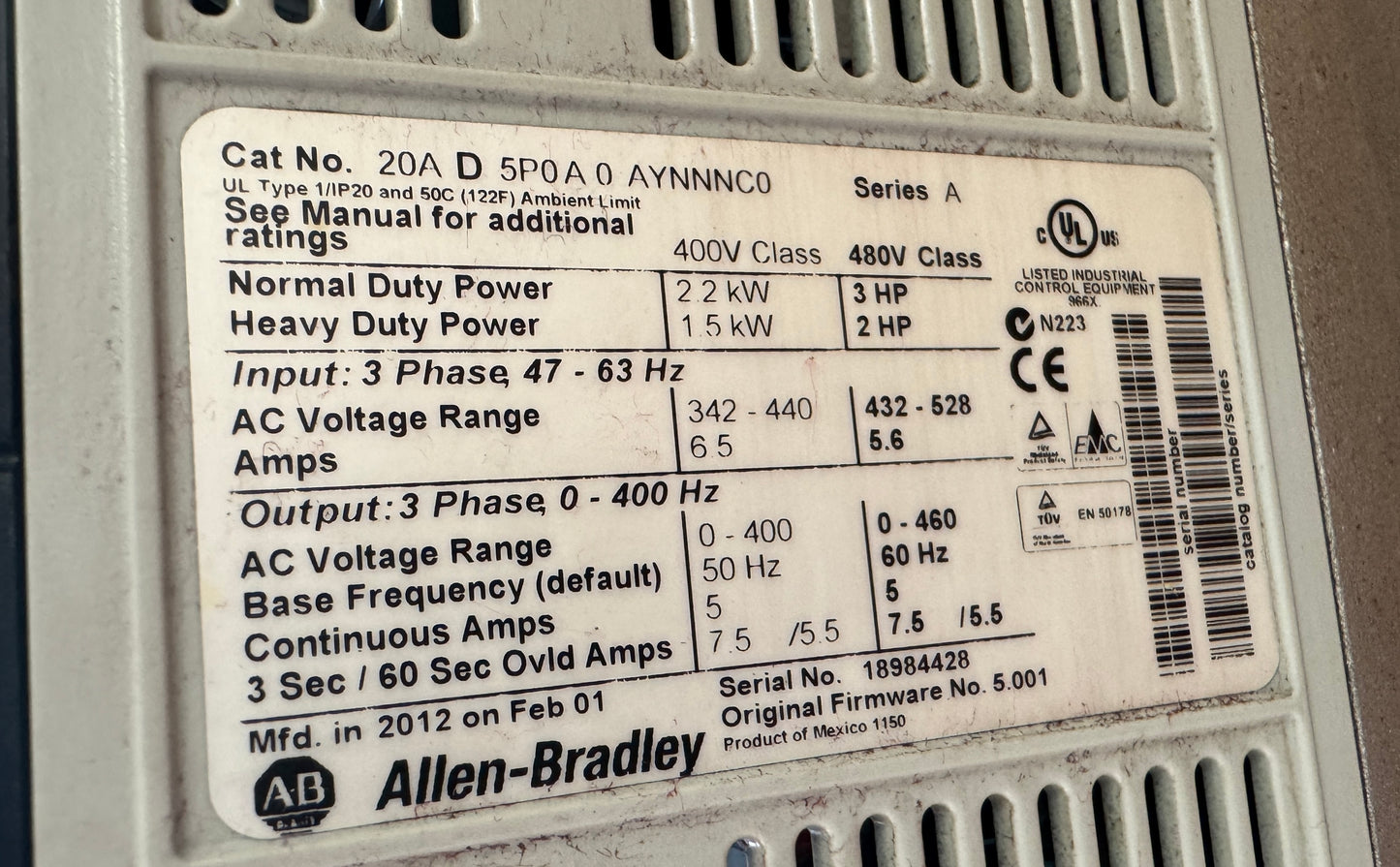 Allen-Bradley 20AD5P0A0AYNNNC0 Variable Frequency Drive 480V AC 3-Phase Untested Surplus 01425