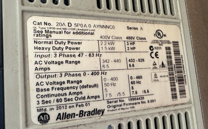 Allen-Bradley 20AD5P0A0AYNNNC0 Variable Frequency Drive 480V AC 3-Phase Untested Surplus 01425