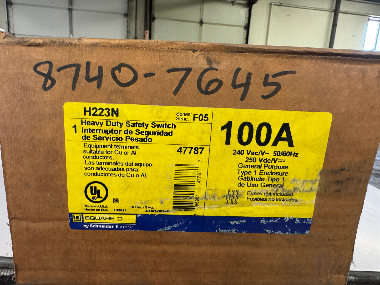 Square D Heavy Duty Safety Switch H223N 240 VAC / 250 VDC