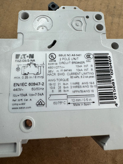 Eaton FAZ-C6/2-NA Miniature Circuit Breaker 480Y/277V AC Untested Surplus