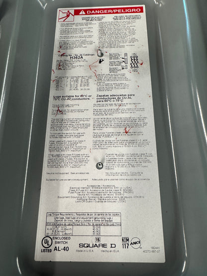 Square D Fusible Heavy Duty Safety Switch H362A 600 VAC / 600 VDC