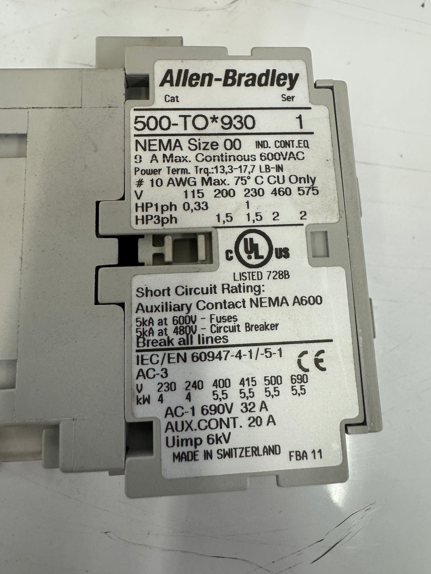 Allen-Bradley Contactor 500-TO*930 600 VAC MAX