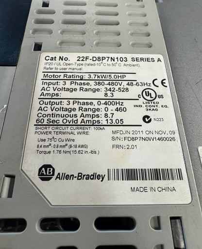 Allen-Bradley AC Drive 22F-D8P7N103 - 5 HP Variable RPM