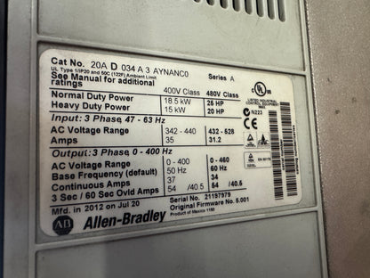 Allen-Bradley 20AD034A3AYNANC0 Variable Frequency Drive 480V AC, 3-Phase 01600