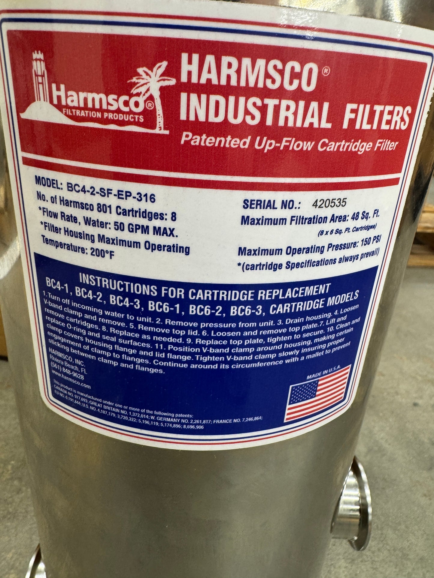 Harmsco Industrial Cartridge Filter Housing BC4-2-SF-EP-316 150 PSI