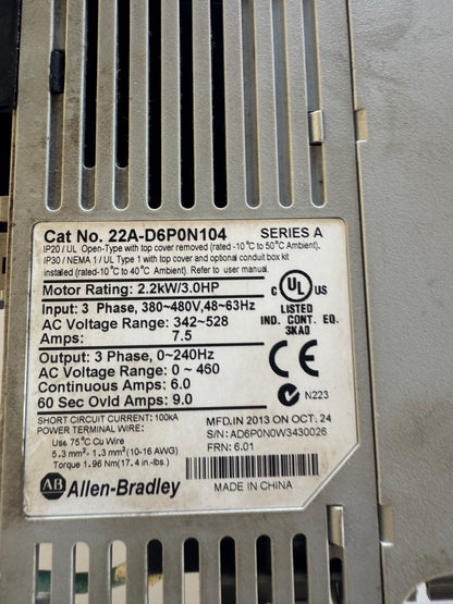 Allen-Bradley Variable Frequency Drive 22A-D6P0N104 480V 3-Phase m02077