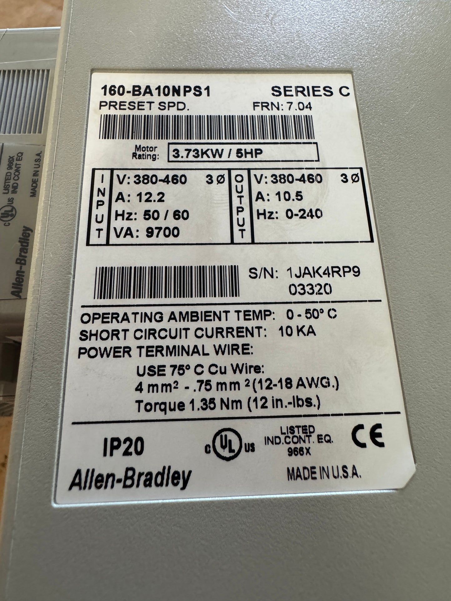 Allen-Bradley 160-BA10NPS1 Variable Frequency Drive 380-460V 3-Phase 05123