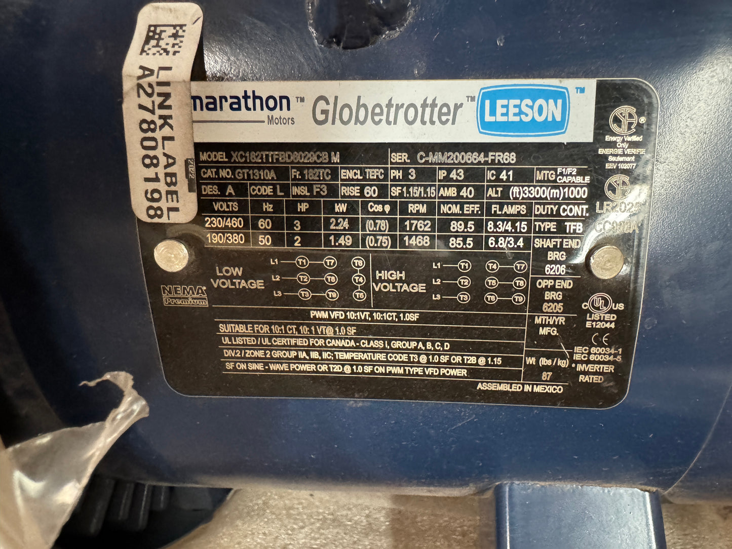 Marathon AC Motor GT1310A - 3 HP 1800 RPM