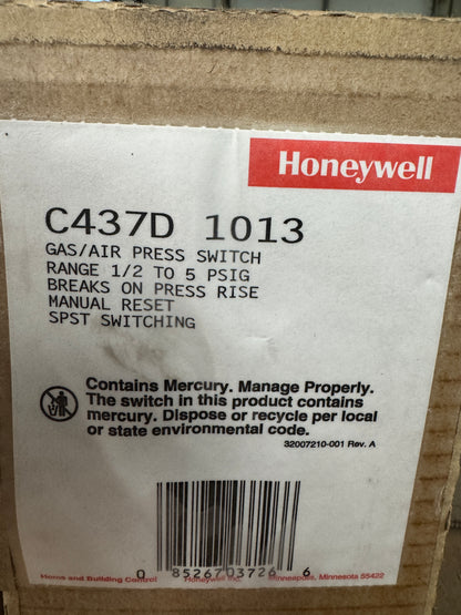 Honeywell Gas Pressure Switch C437D1013 1/2 To 5 PSIG