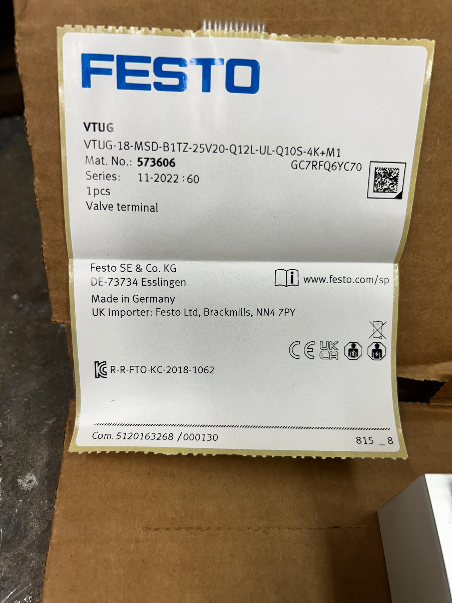 Festo Valve Terminal VTUG-18-MSD-B1TZ-25V20-Q12L-UL-Q10S-4K+M1 Q12 / Q10S Push In