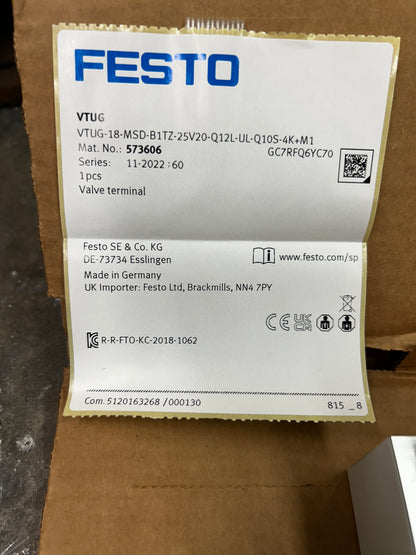 Festo Valve Terminal VTUG-18-MSD-B1TZ-25V20-Q12L-UL-Q10S-4K+M1 Q12 / Q10S Push In