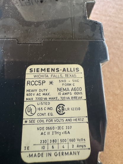 Siemens-Allis RCC5PI Control Relay 120V AC Open Box Unused
