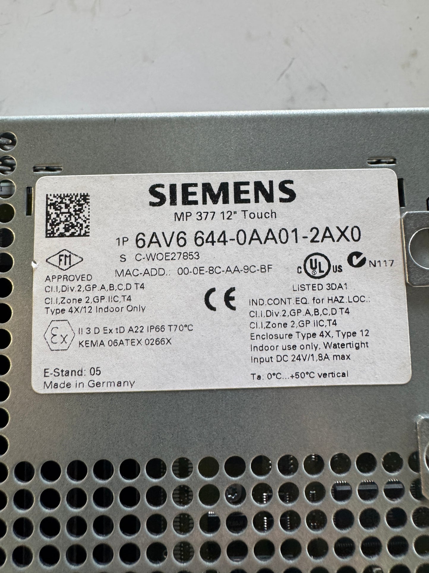 Siemens HMI Touch Panel 6AV6 644-0AA01-2AX0 24 VDC
