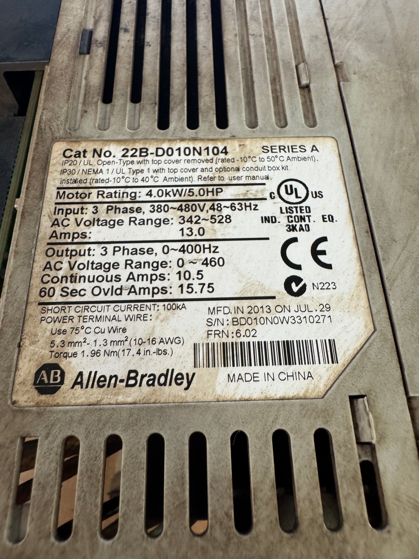 Allen-Bradley Variable Frequency Drive 22B-D010N104 - 5 HP Variable RPM