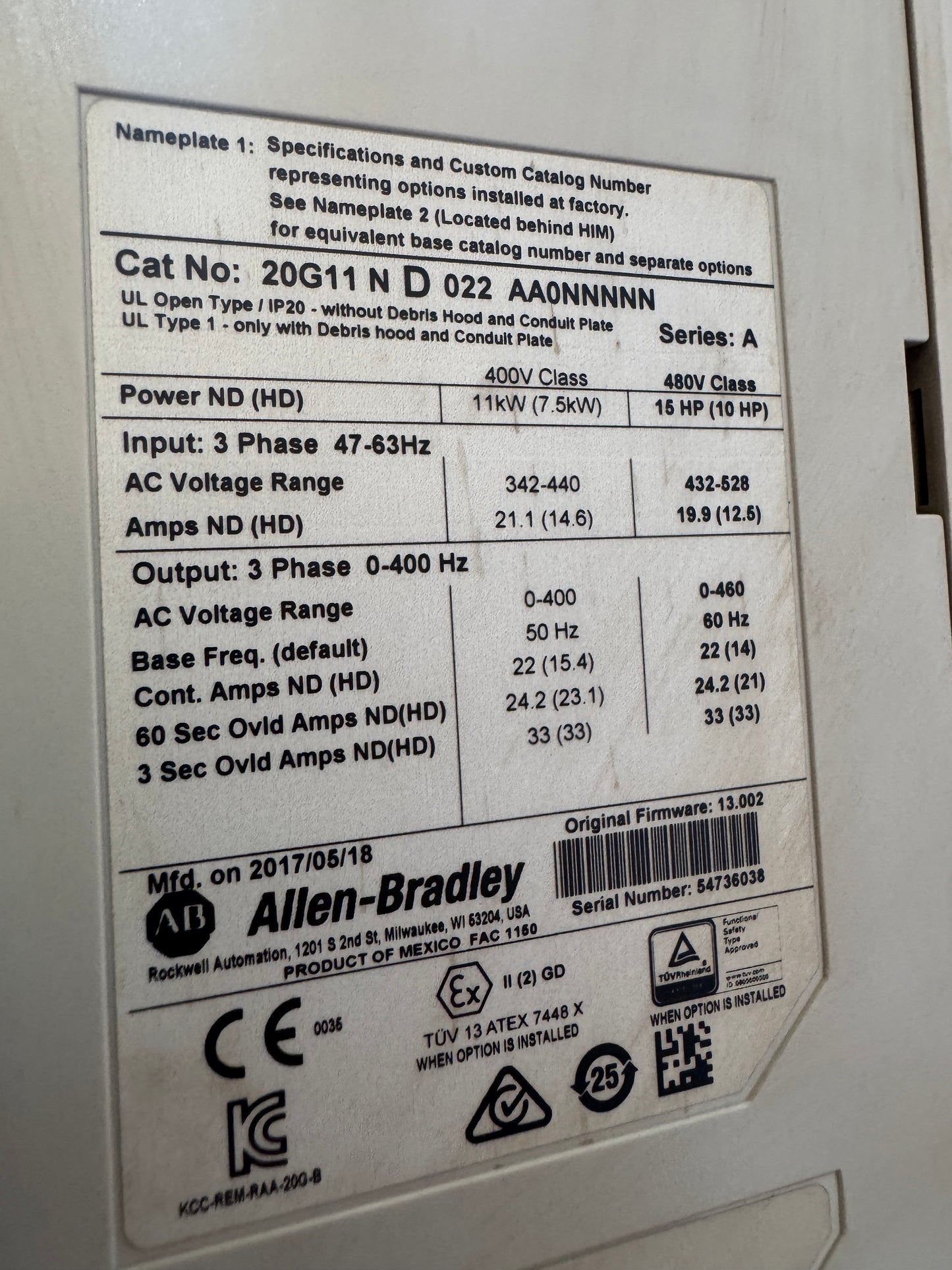 Allen-Bradley 20G11ND022AA0NNNNN Variable Frequency Drive 480V AC, 3-Phase