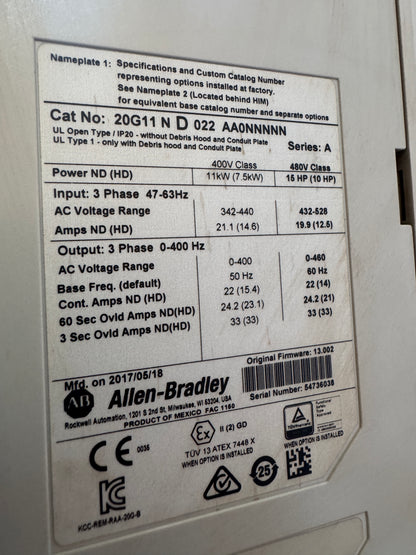 Allen-Bradley 20G11ND022AA0NNNNN Variable Frequency Drive 480V AC, 3-Phase
