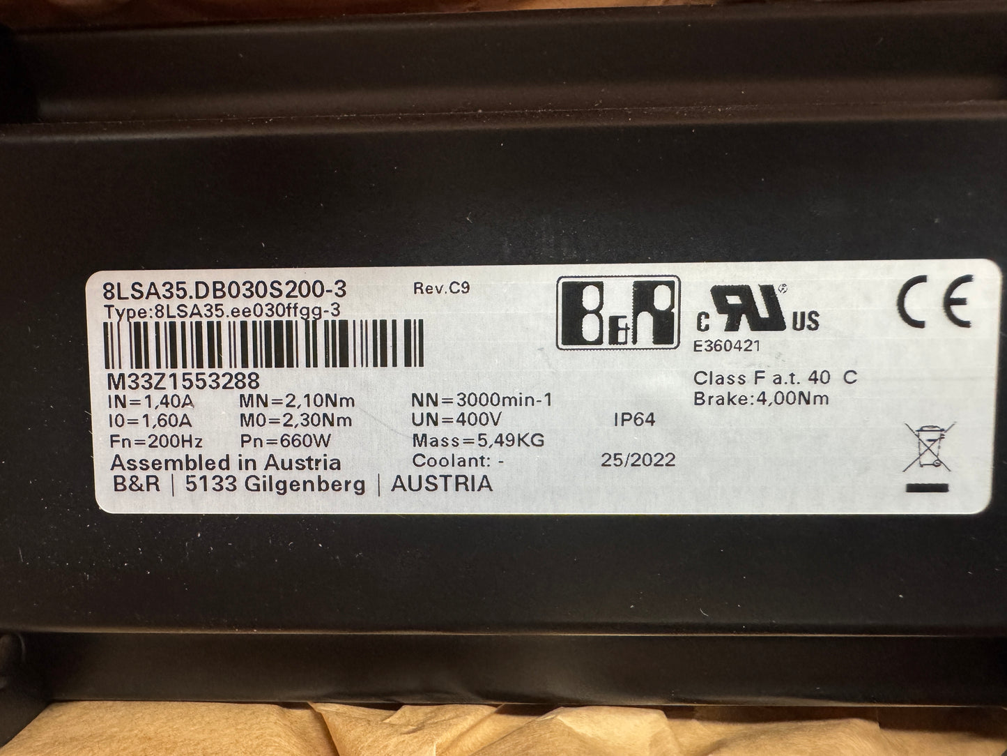 B&R Automation Servo Motor 8LSA35.DB030S200-3 - 1 kW 3000 RPM